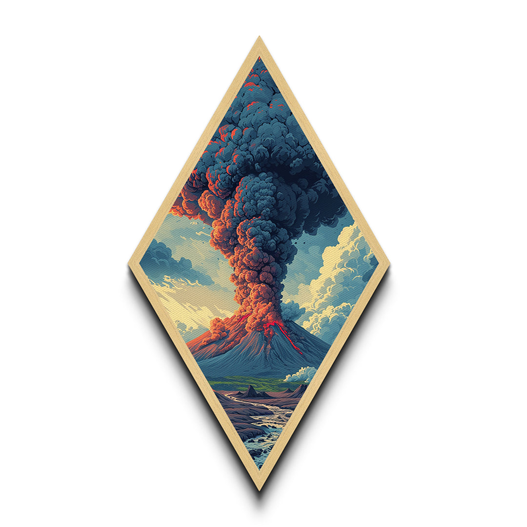 Volcanic Eruption Painting Print, Wood Framed Diamond Shaped Wall Art, Canvas Textured Print, Funky Art, Fantasy Wall Art