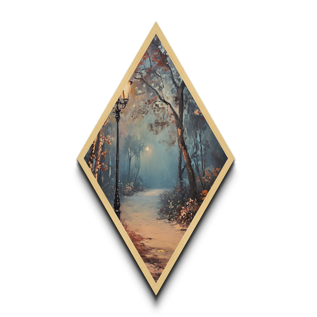 Diamond Shaped Foggy Forest Pathway, misty woodland Canvas Art Print, serene landscape painting, autumn moody nature trail home decor