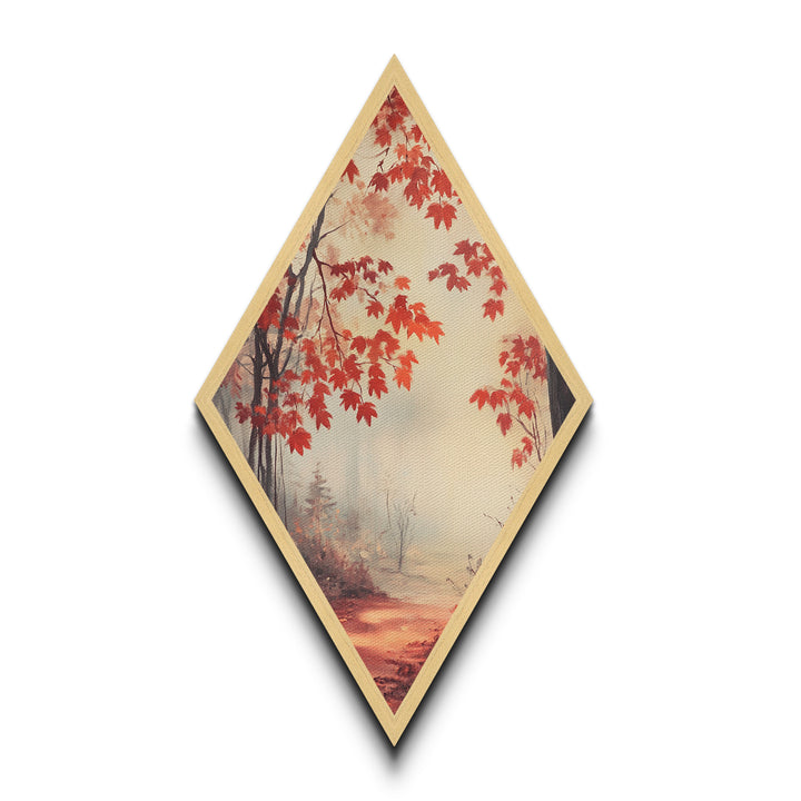 Diamond Shaped Scarlet Leaf Mist Scene, tranquil fall forest Canvas Art Print, red maple foliage decor, ethereal seasonal wall artwork