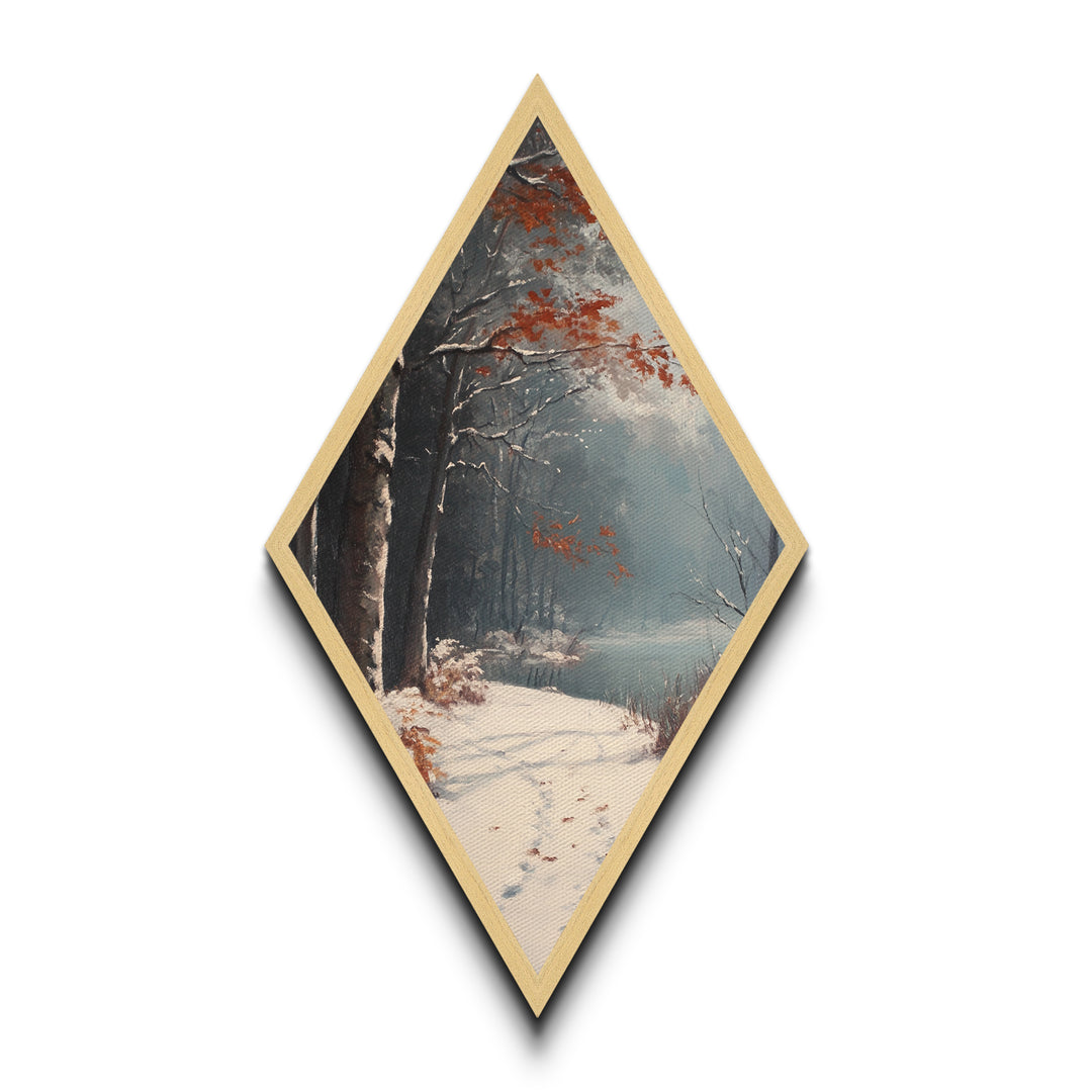 Diamond Shaped Winter River Trail, snowy forest scene Canvas Embossed Print, frosty landscape wall art, blue gray Christmas nature decor