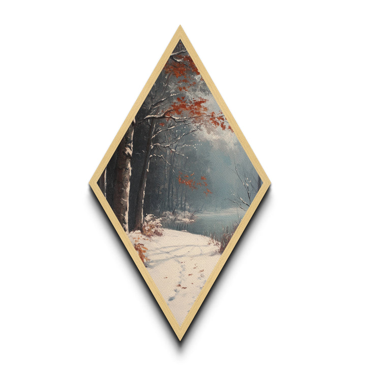Diamond Shaped Winter River Trail, snowy forest scene Canvas Embossed Print, frosty landscape wall art, blue gray Christmas nature decor