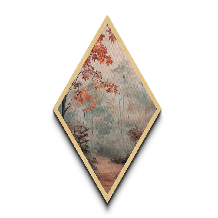 Diamond Shaped Misty Red Autumn Trees, peaceful morning woods Canvas Art Print, soft seasonal foliage decor, muted fall forest artwork