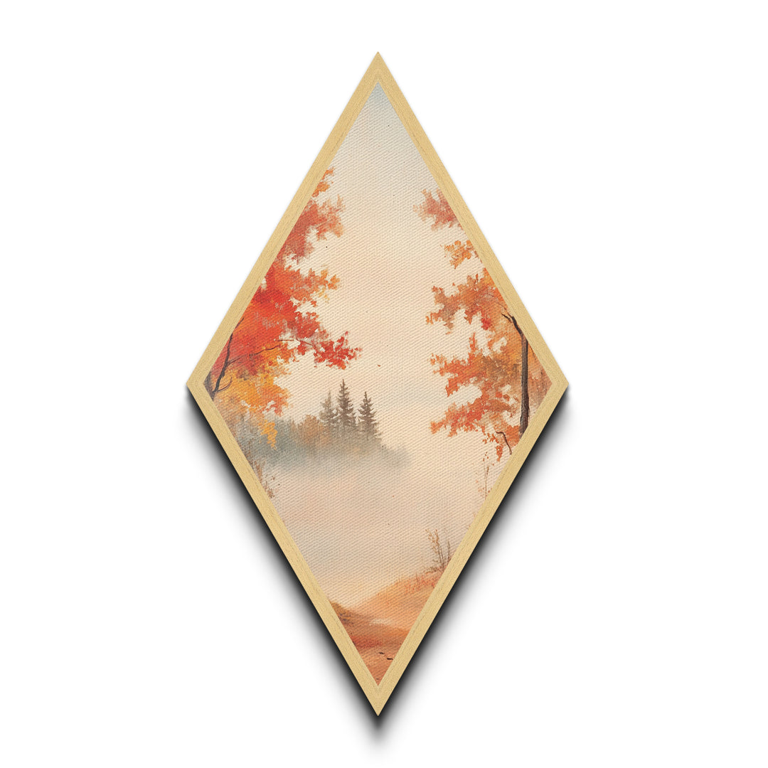 Golden Autumn Path – Diamond Shaped Canvas Art Print, misty fall landscape wall decor, seasonal forest artwork, rustic nature home accent