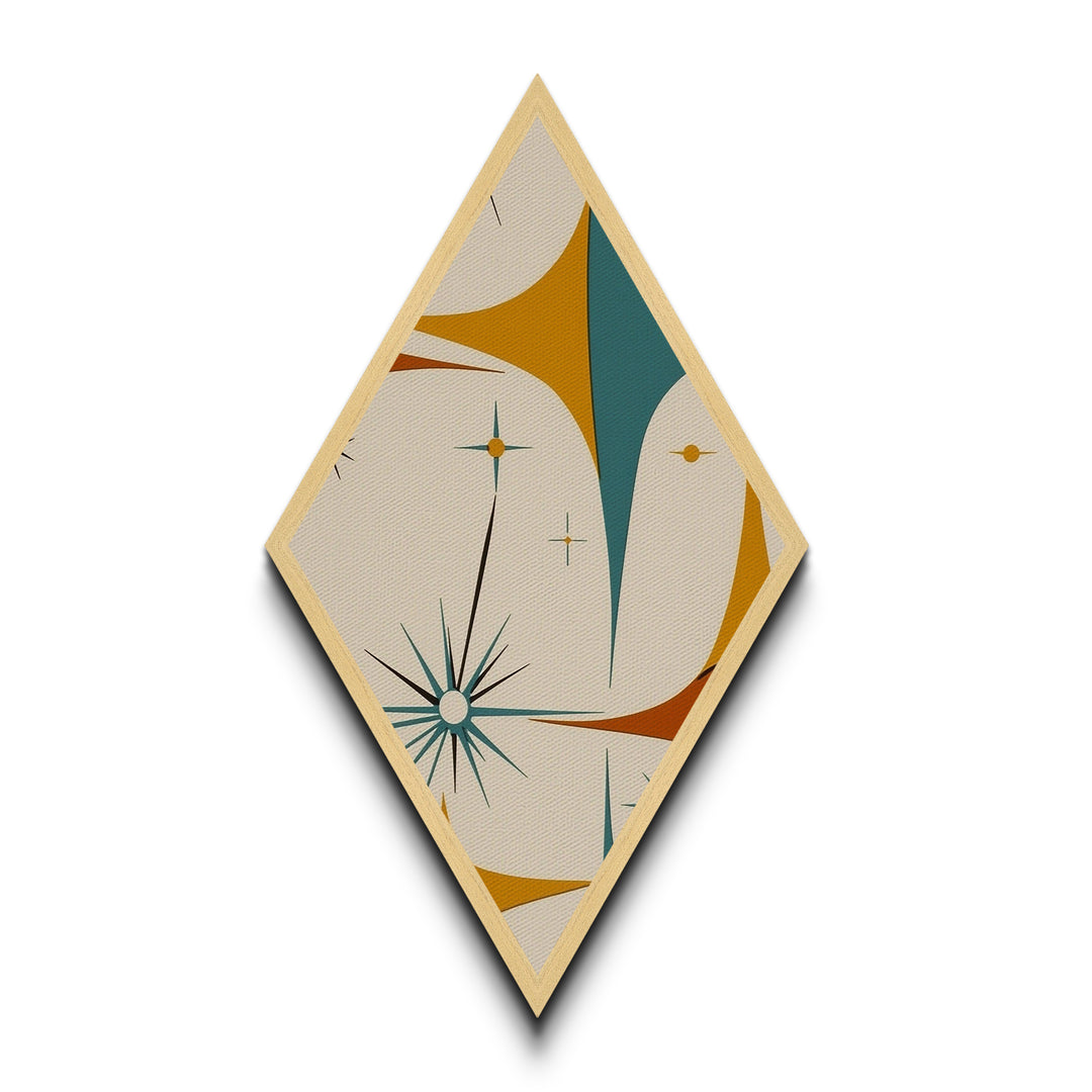 Mod Starflare Geometry – Diamond Shaped Canvas Art Print, retro atomic burst wall design, teal orange star pattern, midcentury home decor