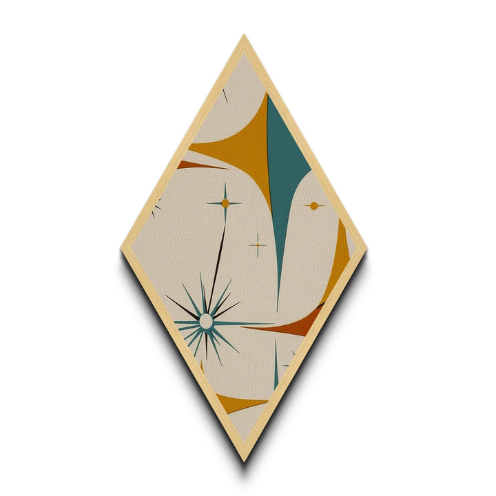 Mod Starflare Geometry – Diamond Shaped Canvas Art Print, retro atomic burst wall design, teal orange star pattern, midcentury home decor
