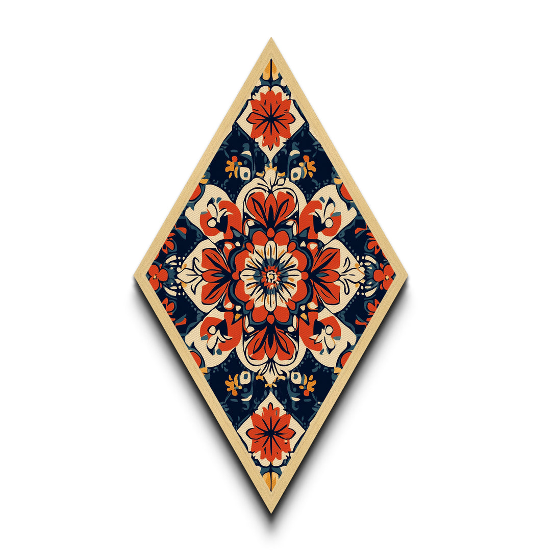 Floral Tile Harmony Diamond Shaped Canvas Art Print with bold folk pattern red navy decorative symmetry boho home accent Mediterranean decor