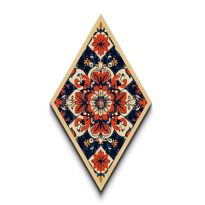 Floral Tile Harmony Diamond Shaped Canvas Art Print with bold folk pattern red navy decorative symmetry boho home accent Mediterranean decor