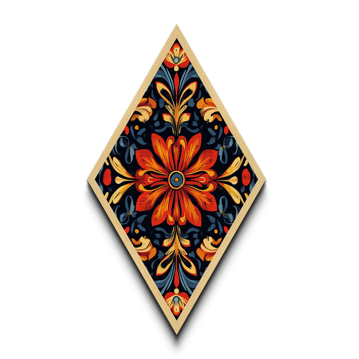 Crimson Bloom Folk Diamond Shaped Canvas Embossed Print featuring stylized red floral design dark background ethnic boho wall art vibrant palette