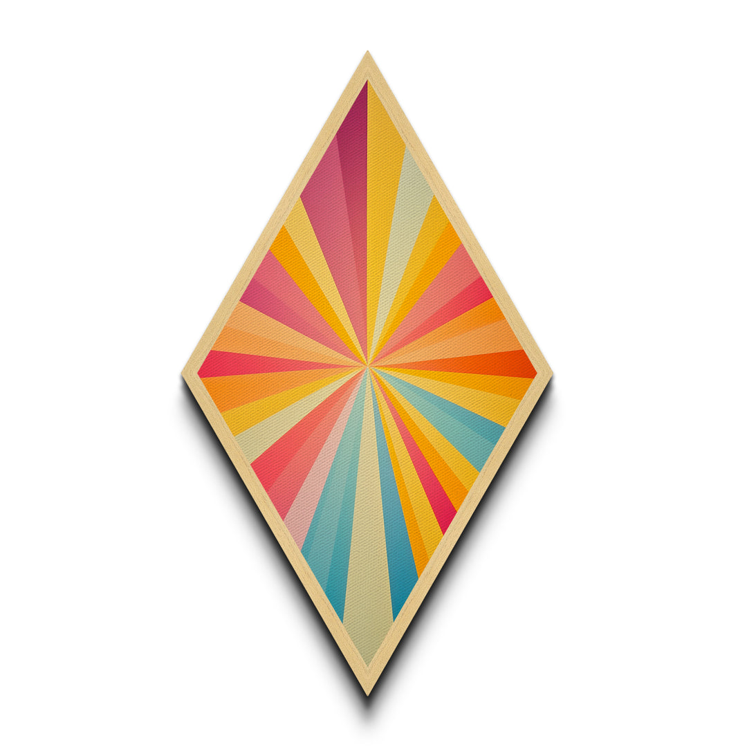 Radiant Retro Burst Diamond Shaped Canvas Art Print with sunshine ray design vivid rainbow starburst midcentury modern energy abstract wall decor