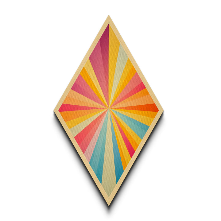 Radiant Retro Burst Diamond Shaped Canvas Art Print with sunshine ray design vivid rainbow starburst midcentury modern energy abstract wall decor