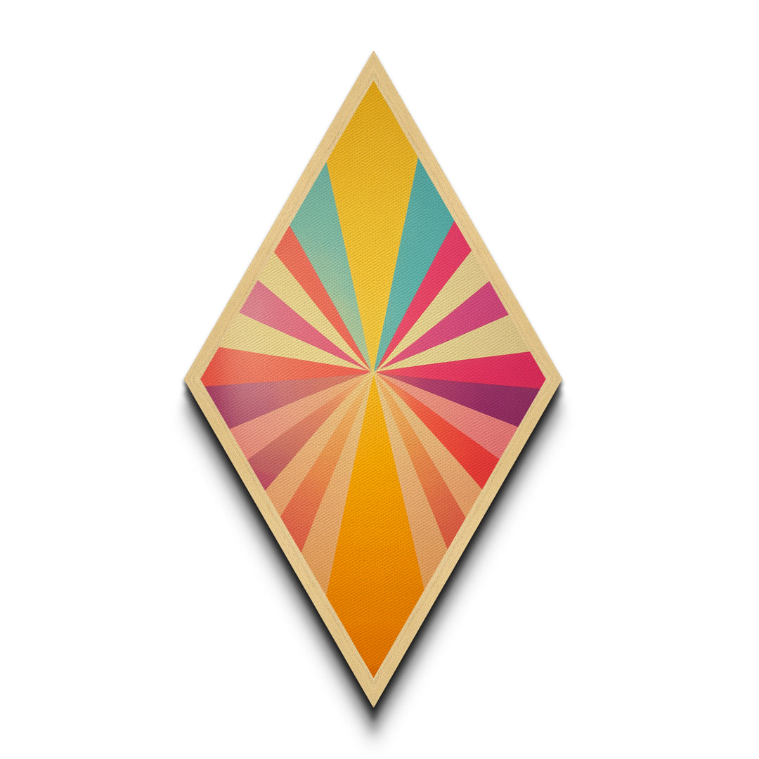 Sunshine Spectrum Pop Diamond Shaped Canvas Embossed Print with bold pastel starburst explosion midcentury vibes colorful retro geometric wall art