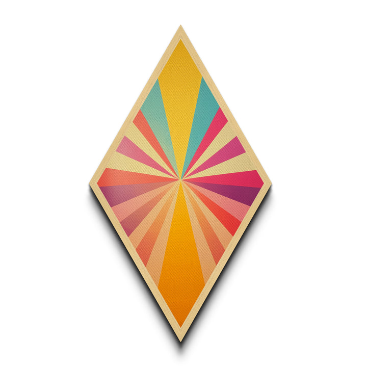 Sunshine Spectrum Pop Diamond Shaped Canvas Embossed Print with bold pastel starburst explosion midcentury vibes colorful retro geometric wall art