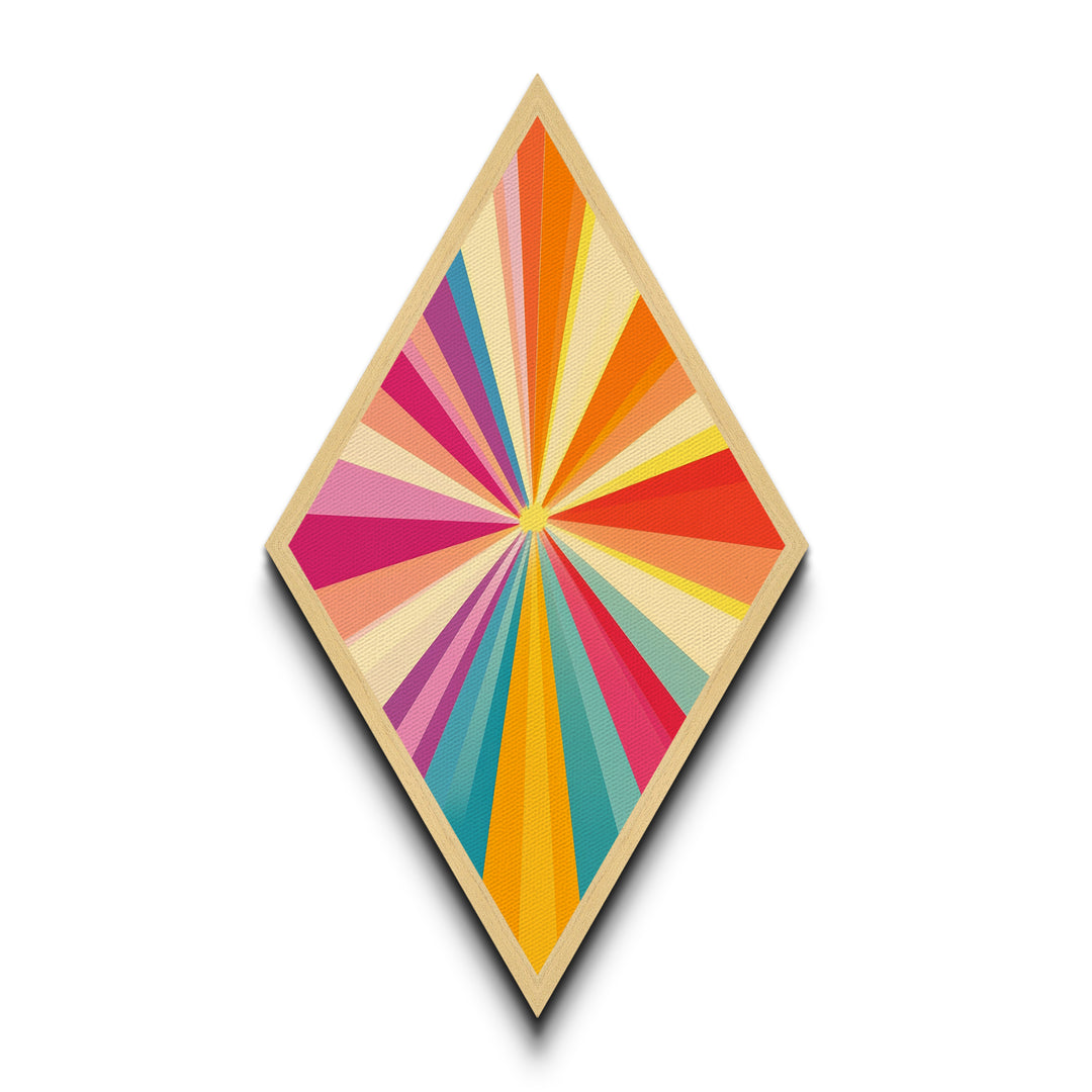 Sunshine Rays — Diamond Shaped Canvas Art Print modern sunbeam explosion piece ideal kids room decor vibrant wall accent rainbow palette
