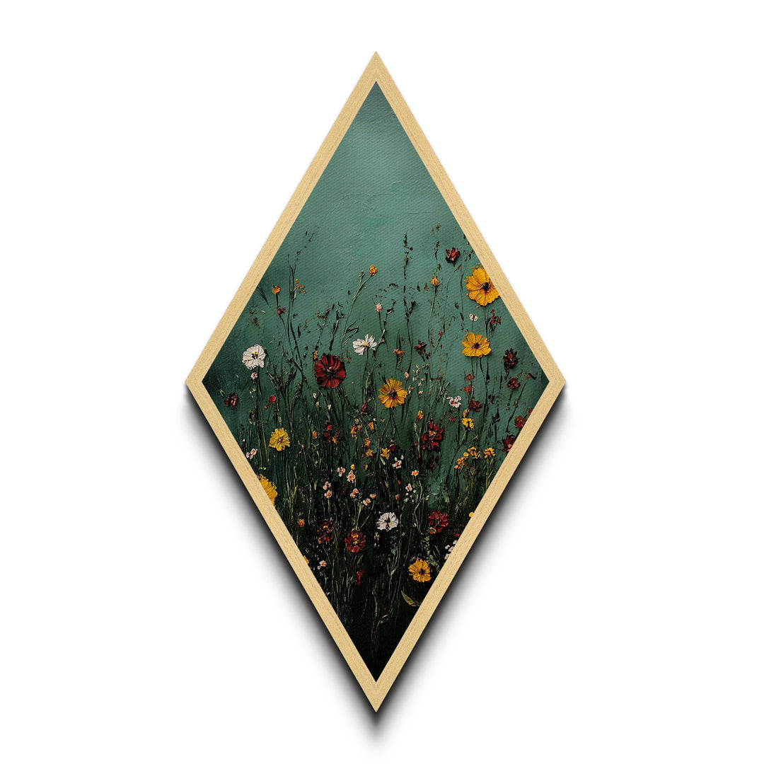 Wild Meadow — Diamond Shaped Canvas Textured Print adds rustic charm to bedroom or entryway with floral impasto nature wall art earthy tones