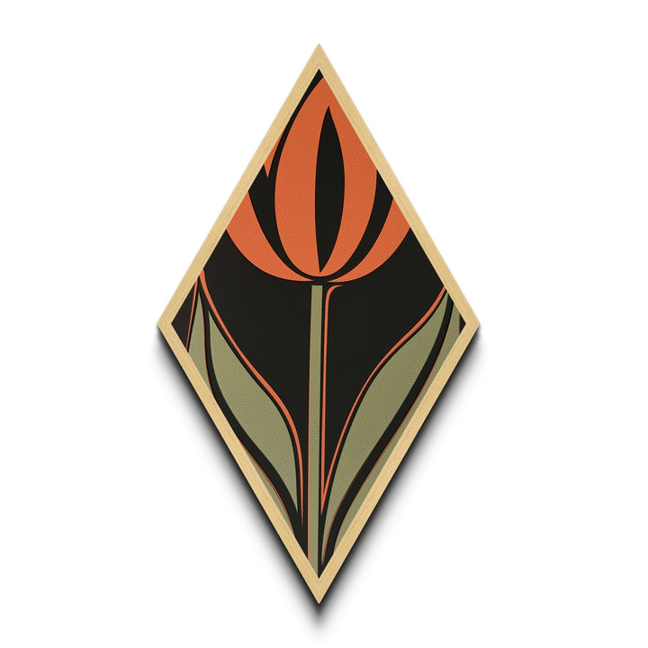 Atomic Tulip — Diamond Shaped Canvas Embossed Print perfect bedroom or gallery wall decor featuring retro tulip style orange green modern art