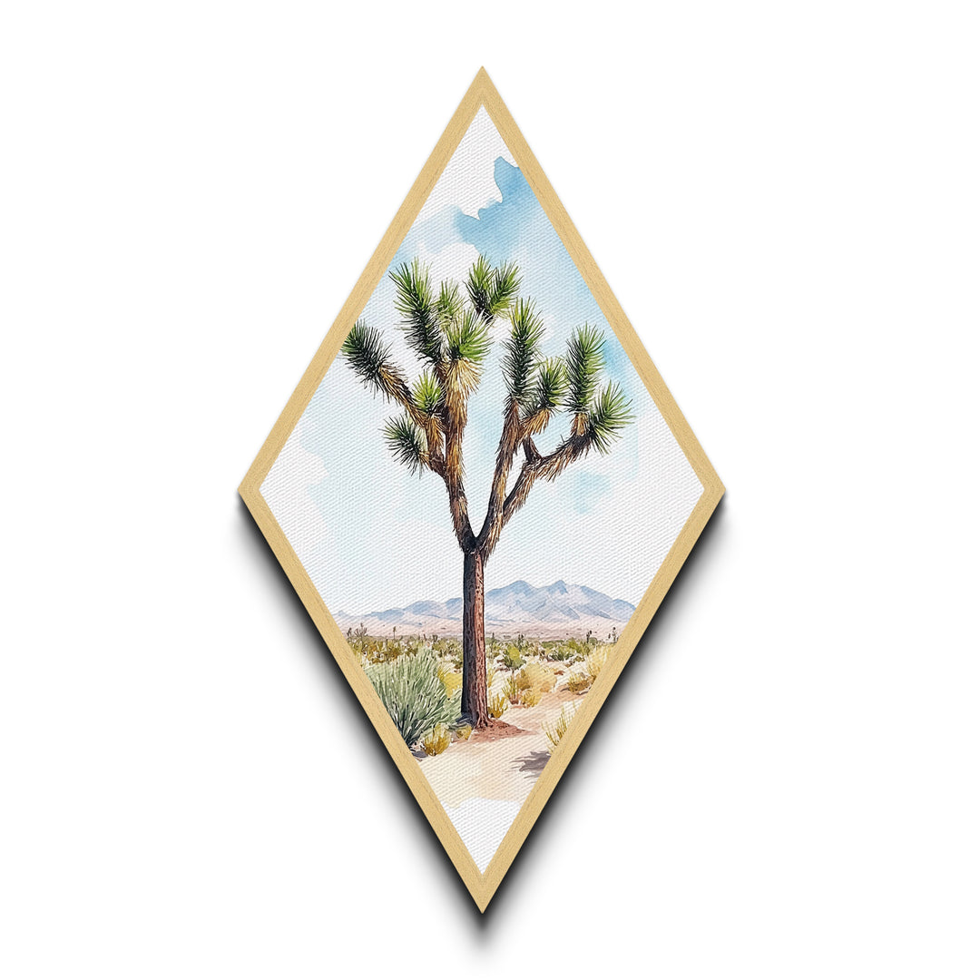 Joshua Tree Vista Diamond Shaped Canvas Textured Print, Desert Botanical Watercolor Art, Nature Landscape Wall Accent