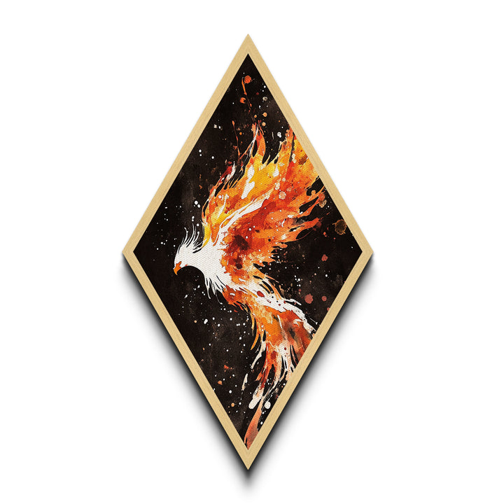 Firebird Soaring Burst Diamond Shaped Canvas Art Print, Fiery Phoenix Painting, Mystical Wall Decor in Black and Orange