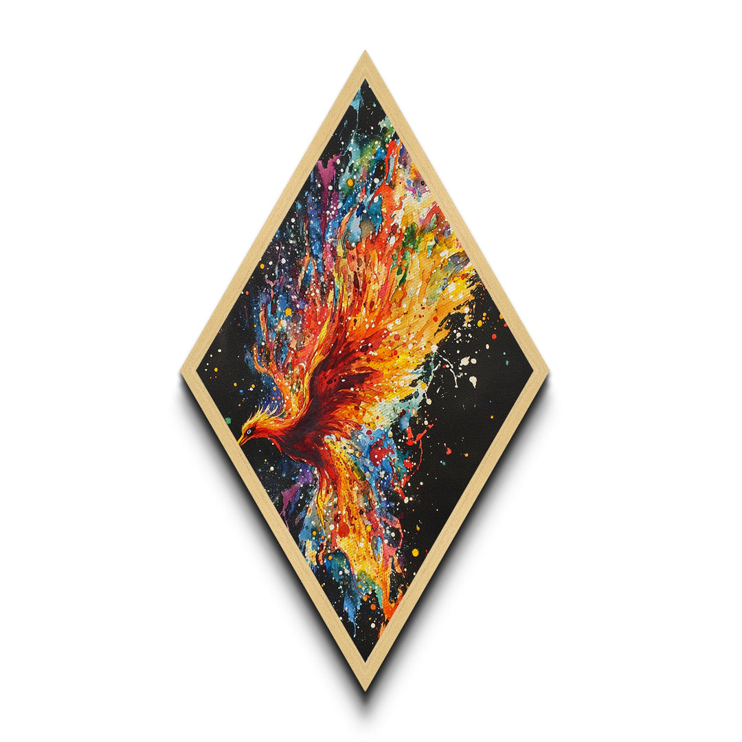 Cosmic Phoenix Bloom Diamond Shaped Canvas Embossed Print, Vibrant Color Splash Wall Art, Celestial Bird Fantasy Artwork