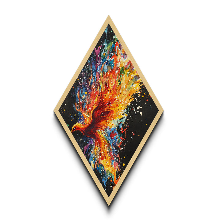 Cosmic Phoenix Bloom Diamond Shaped Canvas Embossed Print, Vibrant Color Splash Wall Art, Celestial Bird Fantasy Artwork