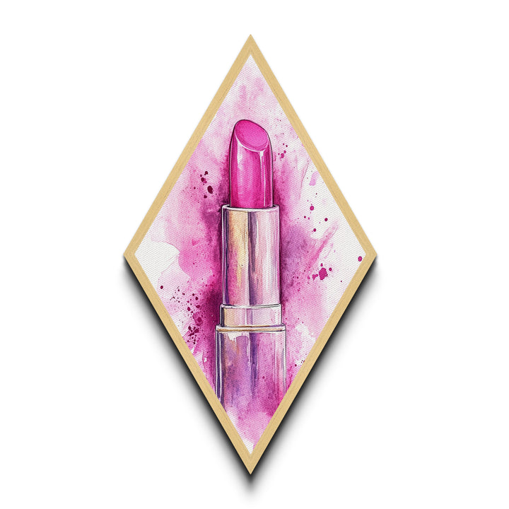 Pink Lipstick Glam Diamond Shaped Canvas Embossed Print, Watercolor Makeup Wall Art, Feminine Beauty Fashion Illustration
