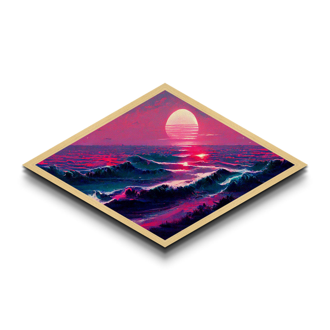 Crimson Horizon Sunset Diamond Shaped Ocean Landscape Canvas Embossed Print Coastal Red Waves Modern Nautical Wall Art Home Decor