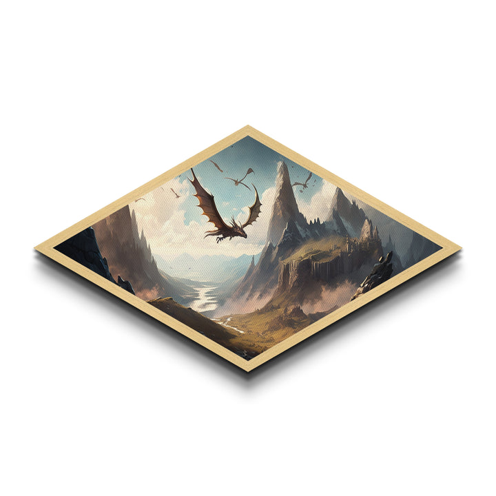 Firewing Highlands – Diamond Shaped Fantasy Dragon Landscape Canvas Art Print with epic flying creatures, medieval scenery, and vivid detail