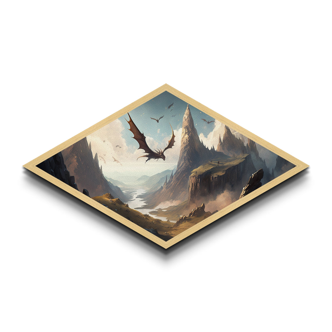 Skyblade Realms – Diamond Shaped Flying Dragon Kingdom Canvas Art Print with fantasy mountain range, medieval cliffs, and cinematic style