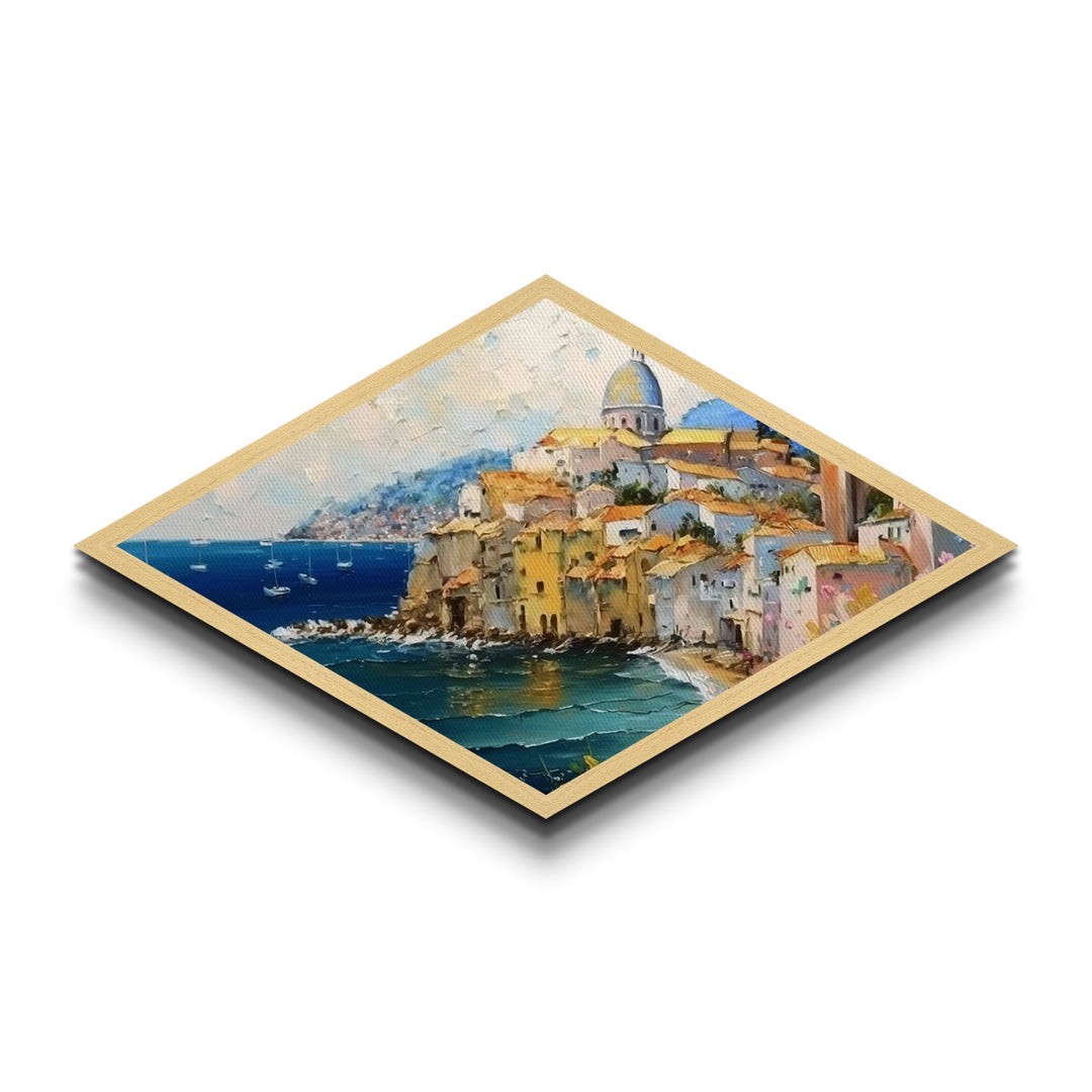 Amalfi Shoreline – Diamond Shaped Mediterranean Village Seascape Canvas Textured Print with coastal architecture, oil painting texture