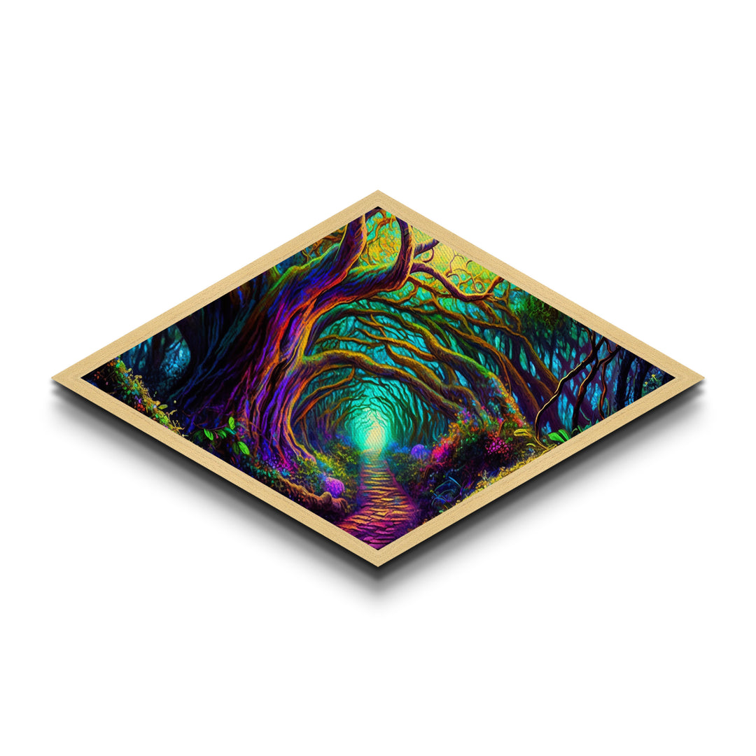 Enchanted Rootway – Diamond Shaped Mystical Forest Tunnel Canvas Embossed Print with neon glow trees, fantasy flora, and glowing path