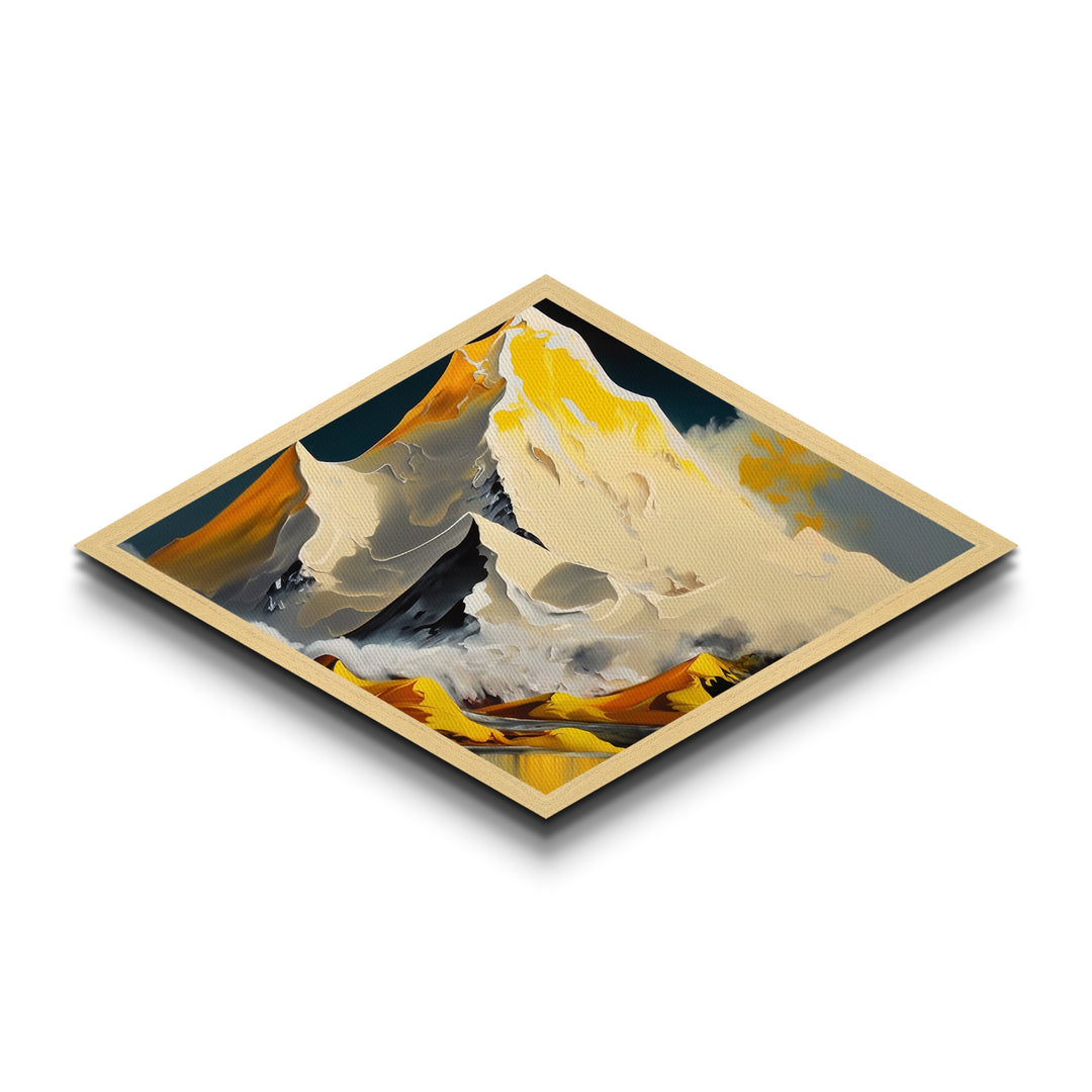 Gilded Summit – Diamond Shaped Golden Mountain Landscape Canvas Embossed Print with snow peaks, yellow ridge lines, and stylized range