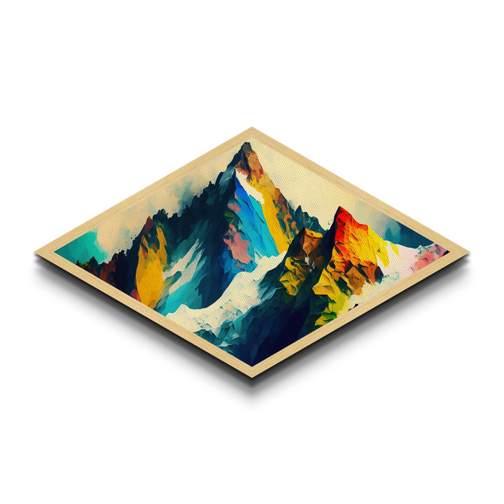 Crystalline Alps – Diamond Shaped Abstract Rainbow Peaks Canvas Textured Print with polygonal mountain terrain, bold geometric strokes