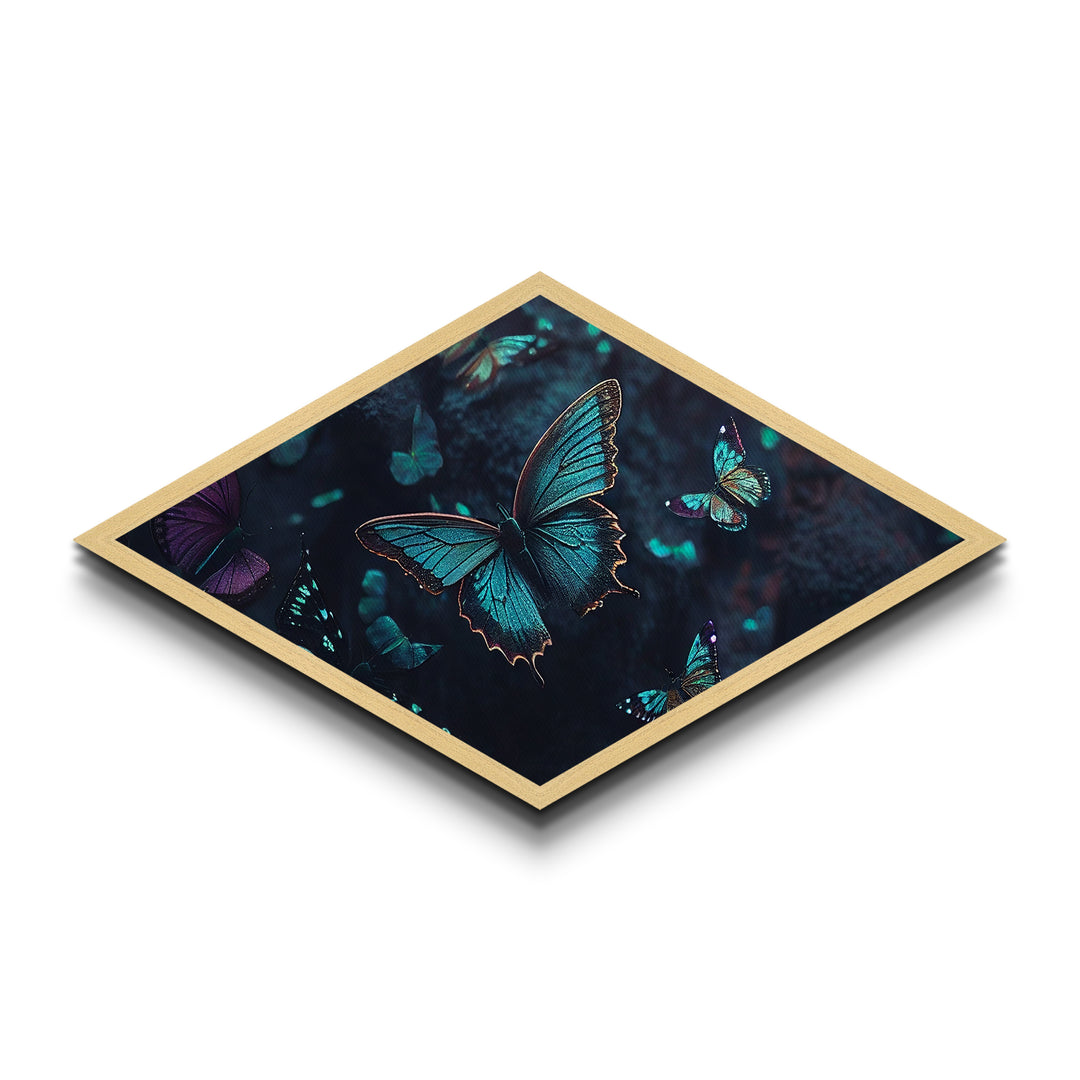 Nocturne Butterflies – Diamond Shaped Midnight Forest Insects Canvas Embossed Print with glowing wings, bioluminescent ambiance, deep tones