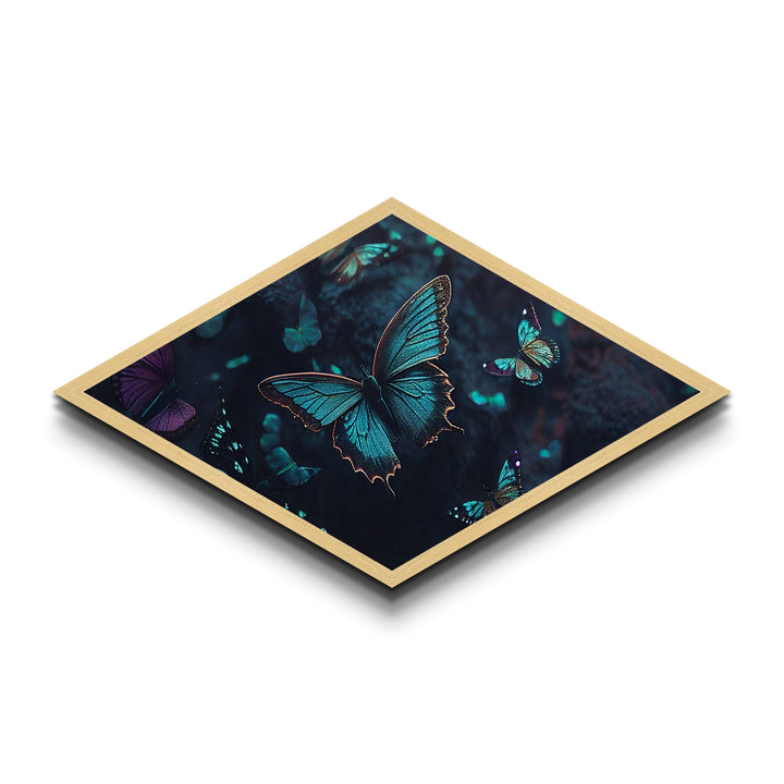 Nocturne Butterflies – Diamond Shaped Midnight Forest Insects Canvas Embossed Print with glowing wings, bioluminescent ambiance, deep tones