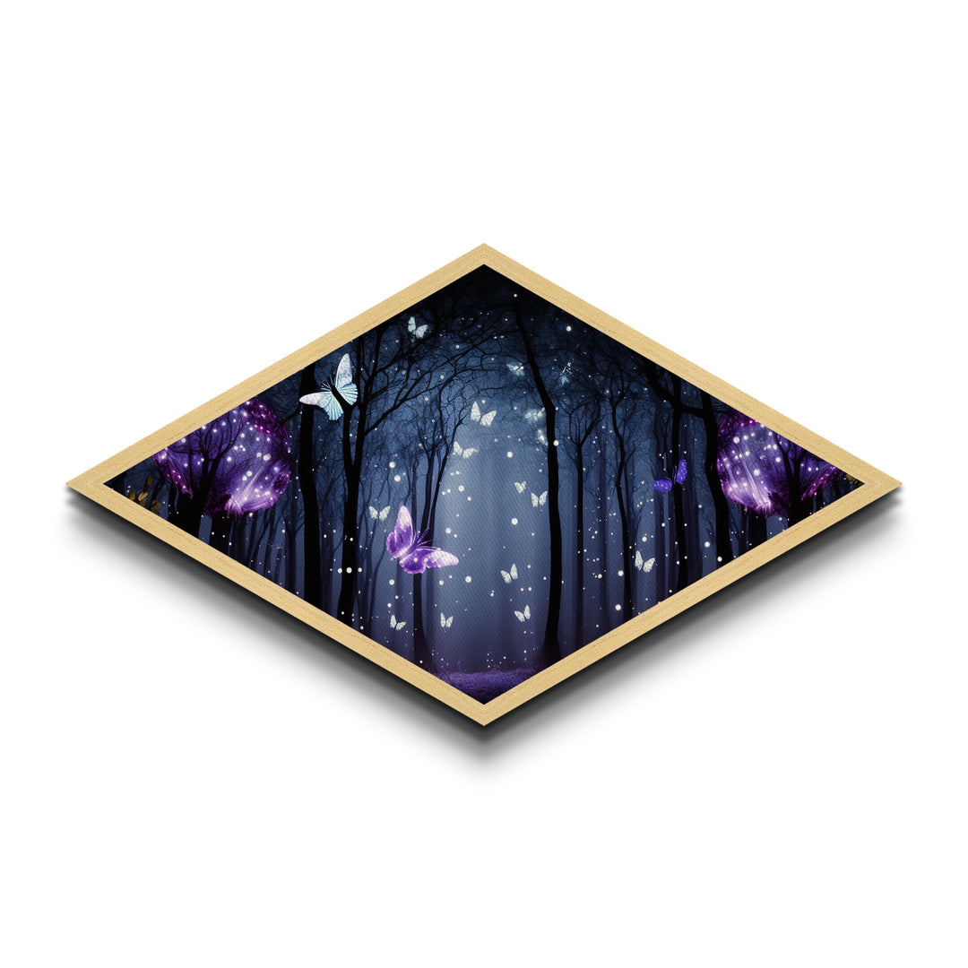 Enchanted Forest Glow – Diamond Shaped Canvas Art Print with glowing butterflies, dreamy purple woodland, fantasy wall decor, nightscape art