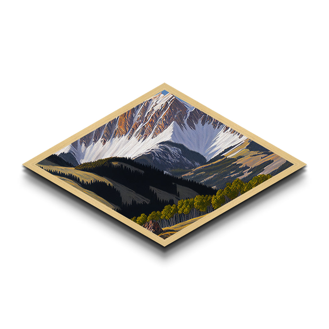 Snowcap Forest Light – Diamond Shaped Canvas Textured Print with alpine mountain landscape, fall forest shadow play, nature inspired home art