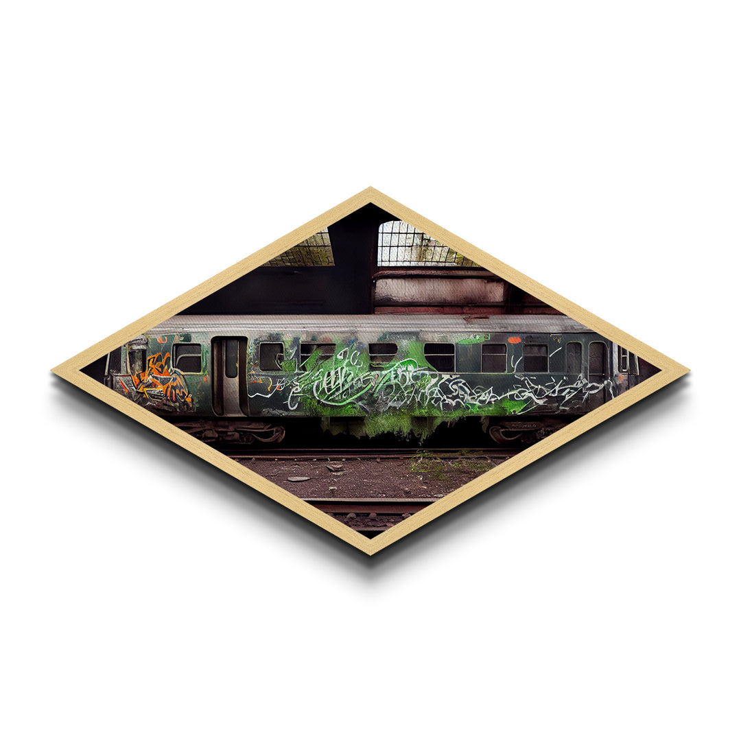 Graffiti Train Scene – Diamond Shaped Canvas Art Print with abandoned urban train, grunge graffiti photography, street art inspired wall piece