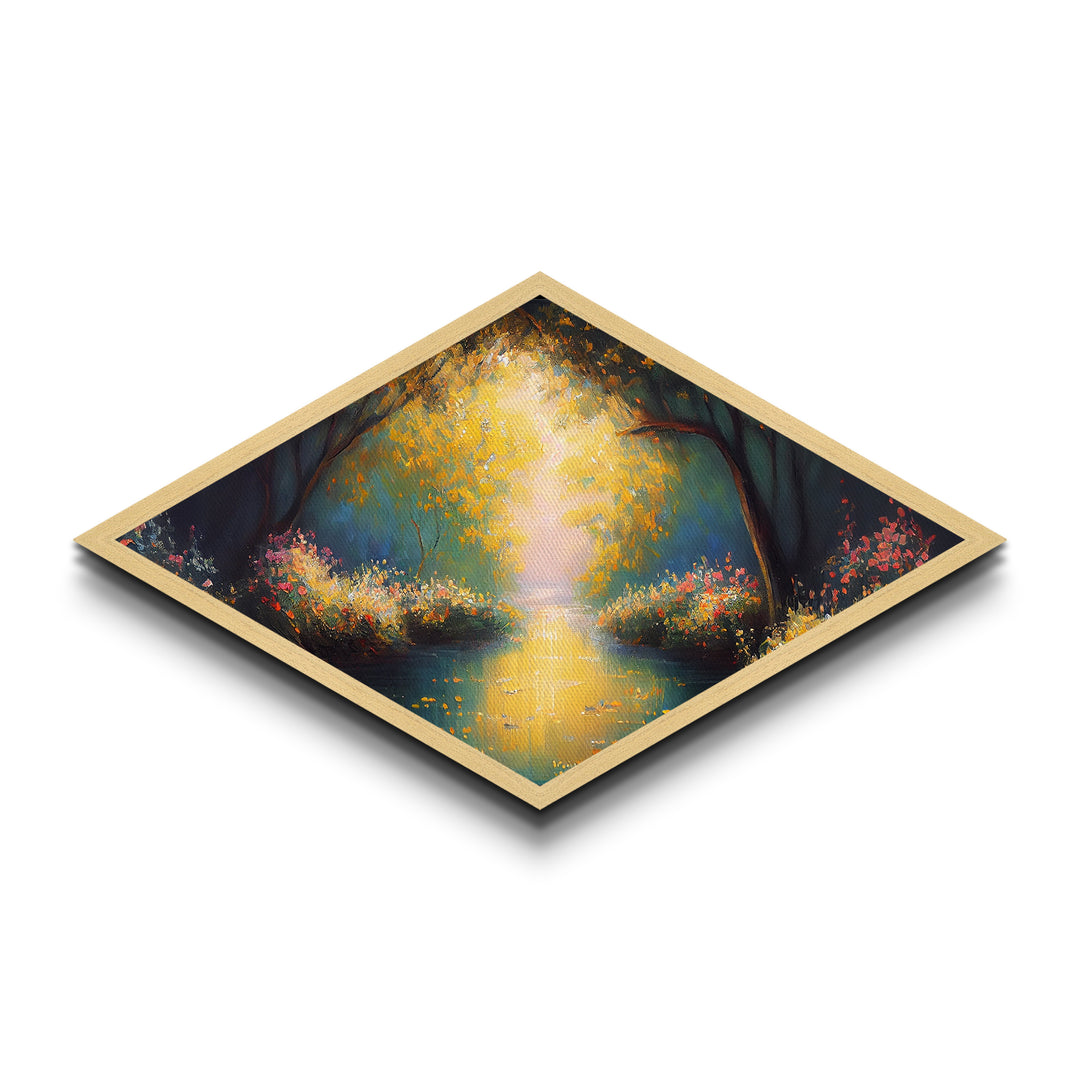 Golden Forest Path – Diamond Shaped Canvas Embossed Print with radiant trees, glowing sunset river, impressionist woodland nature painting