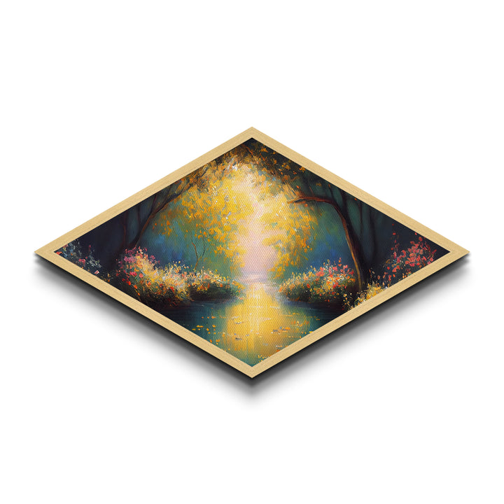 Golden Forest Path – Diamond Shaped Canvas Embossed Print with radiant trees, glowing sunset river, impressionist woodland nature painting