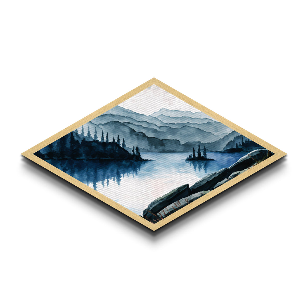 Tranquil Mountain View Diamond Shaped Canvas Textured Print with peaceful lake scene, forest landscape painting, rustic wall decor