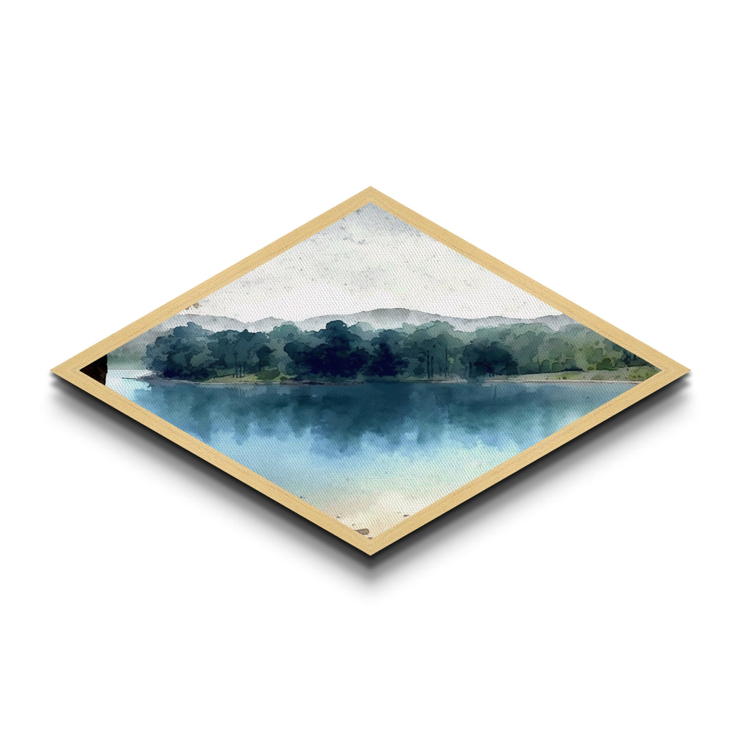 Quiet Riverbank Scene Diamond Shaped Canvas Art Print with woodland nature, blue green forest reflection painting, lakeview serenity