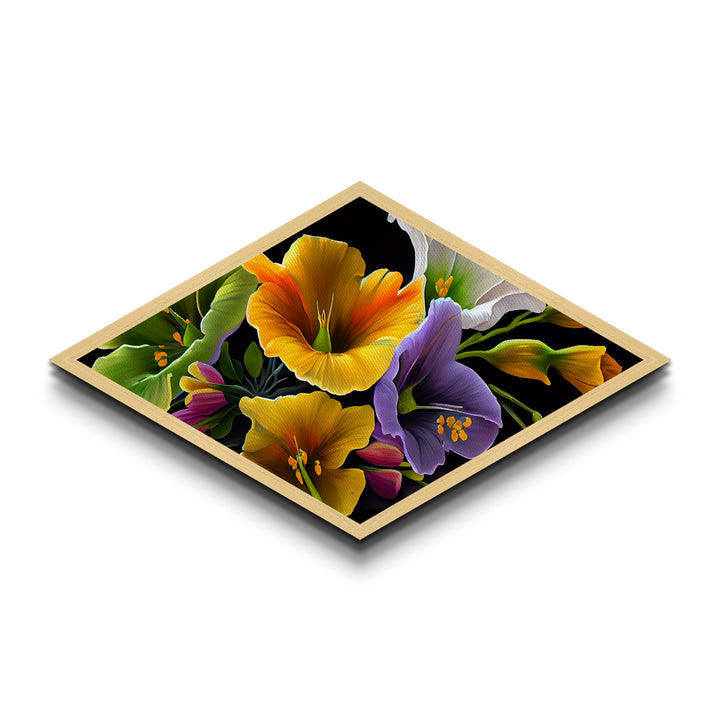 Midnight Bloom Glow Diamond Shaped Canvas Embossed Print with bold floral close-up, colorful petals on black, dramatic flower wall art
