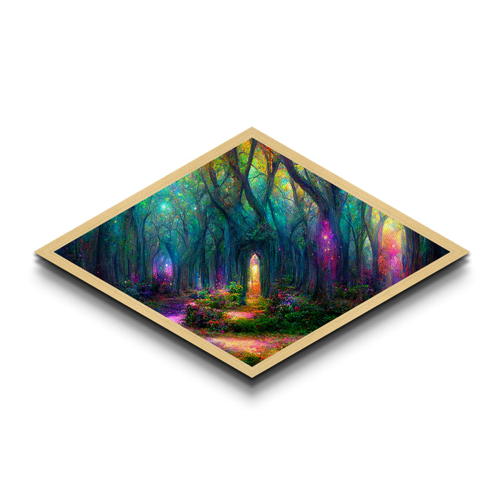 Firefly Glow Forest Diamond Shaped Canvas Art Print, whimsical fairy lights in woods, enchanted mystical woodland fantasy decor