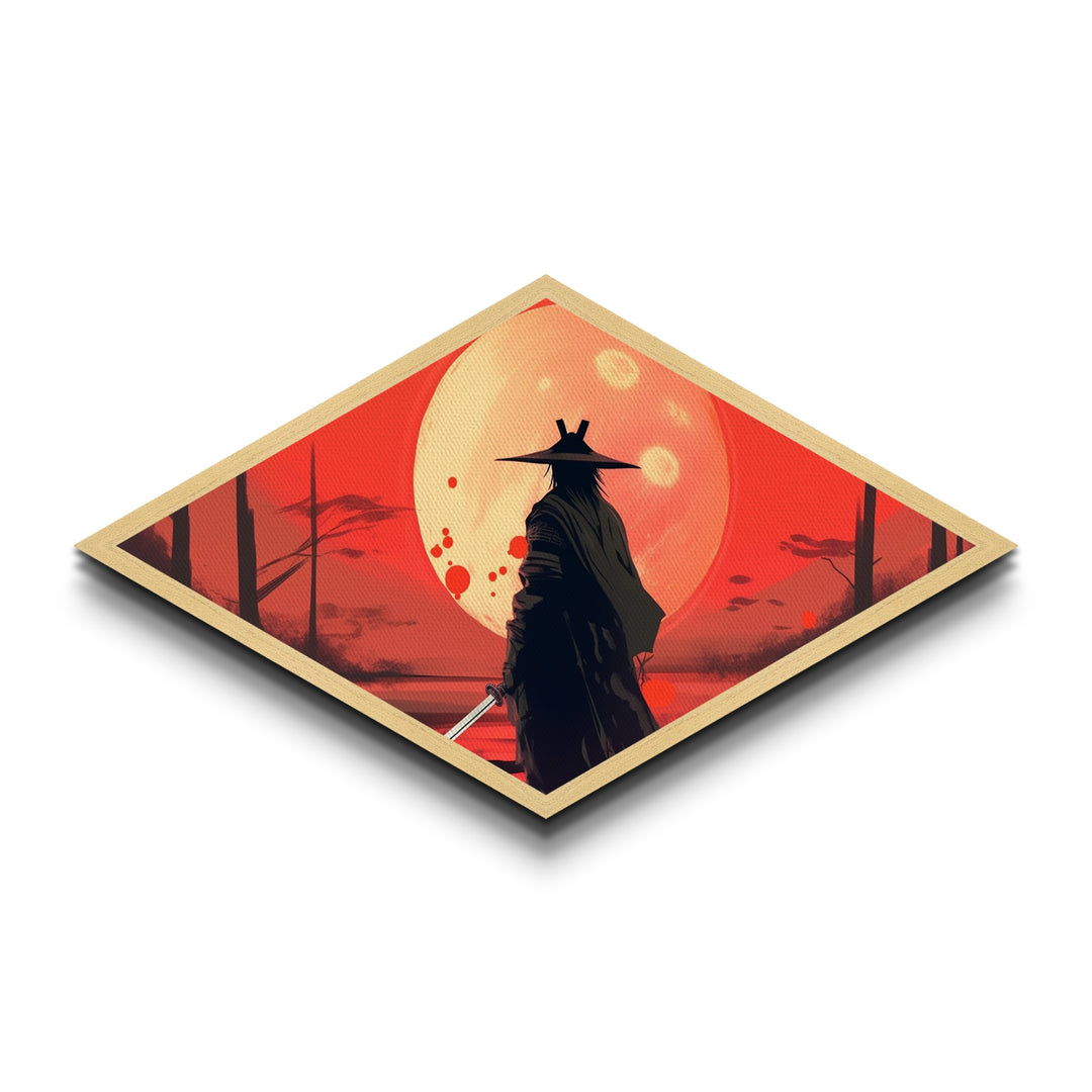 Lone Ronin Eclipse Diamond Shaped Canvas Textured Print, Samurai Sunset Wall Art, Anime Warrior Decor, Japanese Aesthetic Gift
