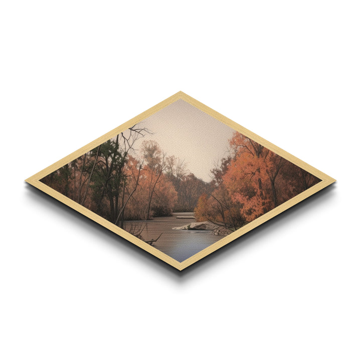 Autumn River Scene – Diamond Shaped Canvas Textured Print, Rustic Wall Art, Fall Landscape Decor, Nature-Inspired Gift, Cabin Living Room