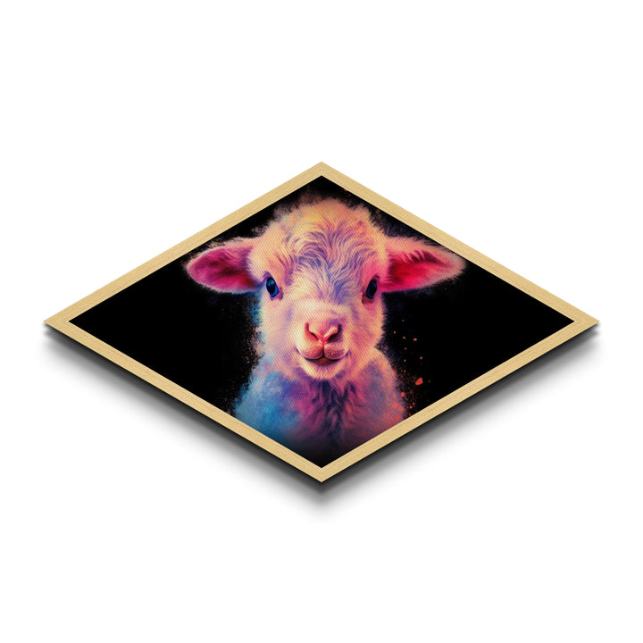 Neon Lamb Glow – Diamond Shaped Canvas Embossed Print, Vibrant Nursery Animal Art, Cute Pastel Gift, Baby Room Farm Decor