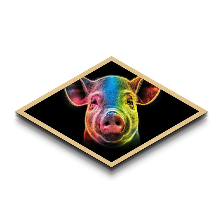 Radiant Piglet Portrait – Diamond Shaped Canvas Embossed Print, Farm Animal Wall Art, Neon Rainbow Decor, Kids Room Pop Style