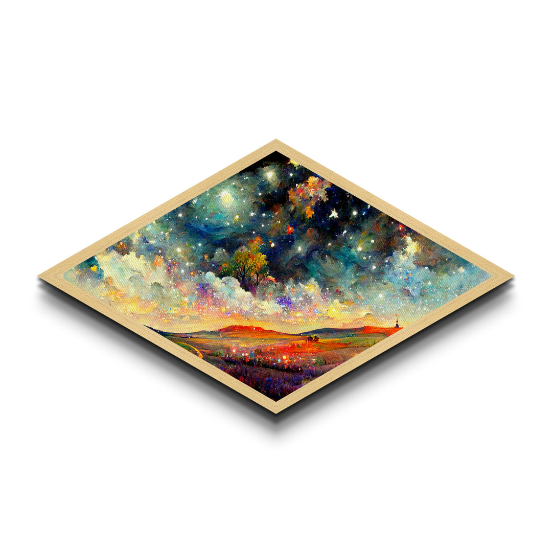 Enchanted Forest Path Diamond Shaped Canvas Embossed Print, glowing staircase fantasy decor, dreamy woodland surreal artwork