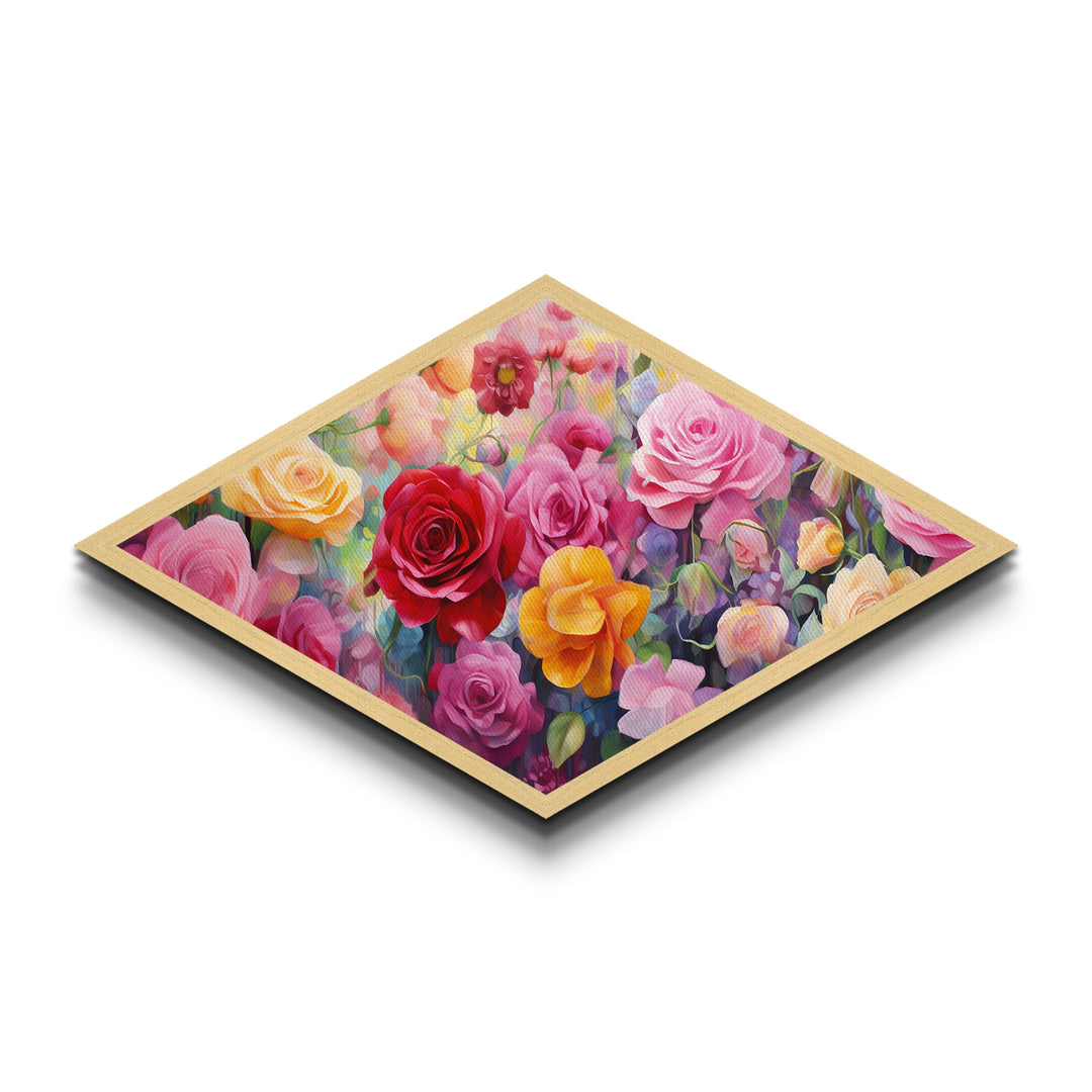 Garden Rose Symphony Diamond Shaped Canvas Art Print with pink red yellow roses, floral wall decor, romantic gift, nursery wall accent