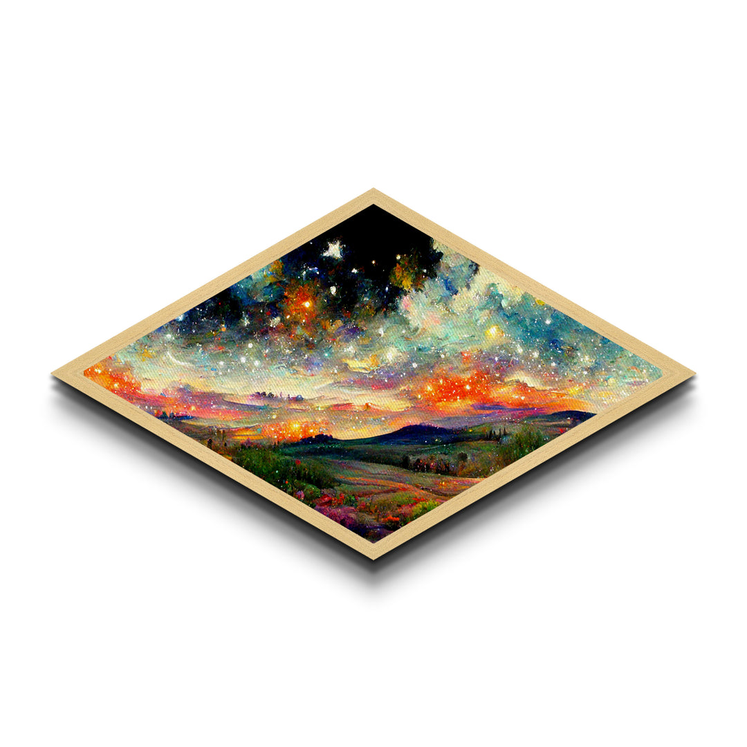 Celestial Dreamscape Field Diamond Shaped Canvas Art Print, night sky stars over hills, vibrant cosmic countryside fantasy decor