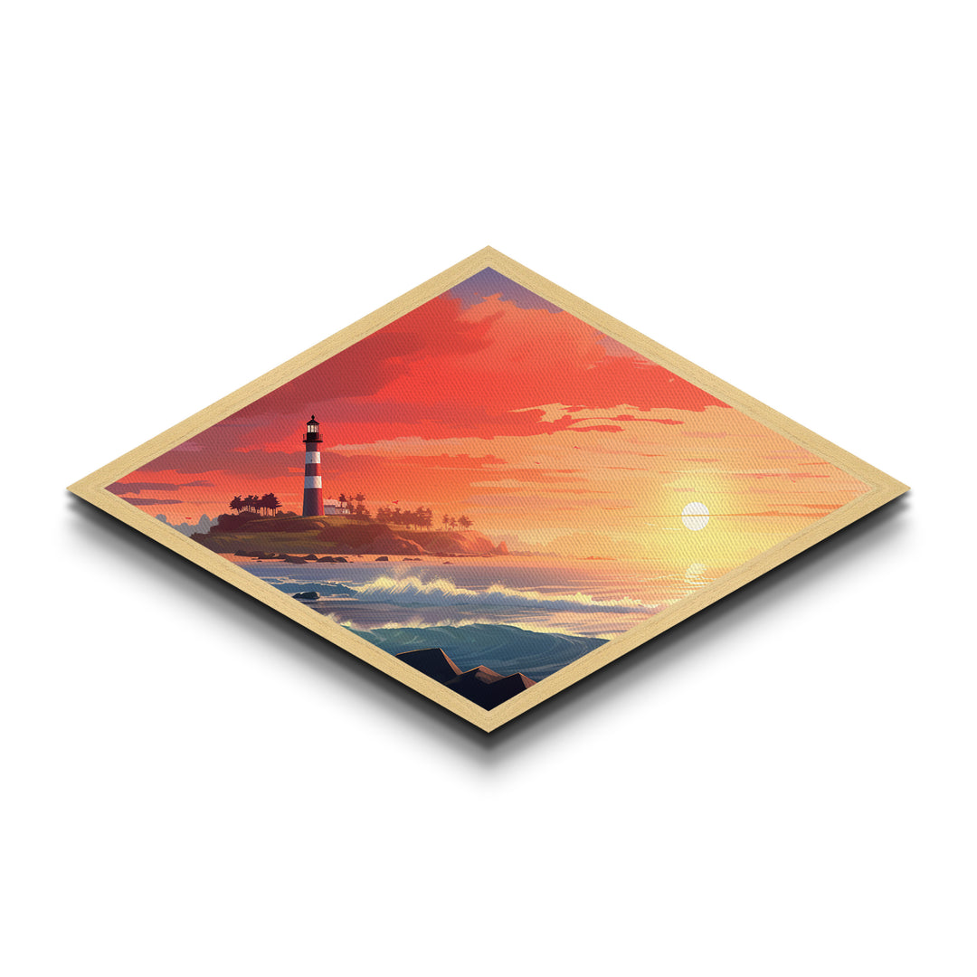 Diamond Shaped Sunset Coastline – Canvas Textured Print with Lighthouse Wall Art, Beach House Decor, Nautical Ocean Scene, Summer Gift